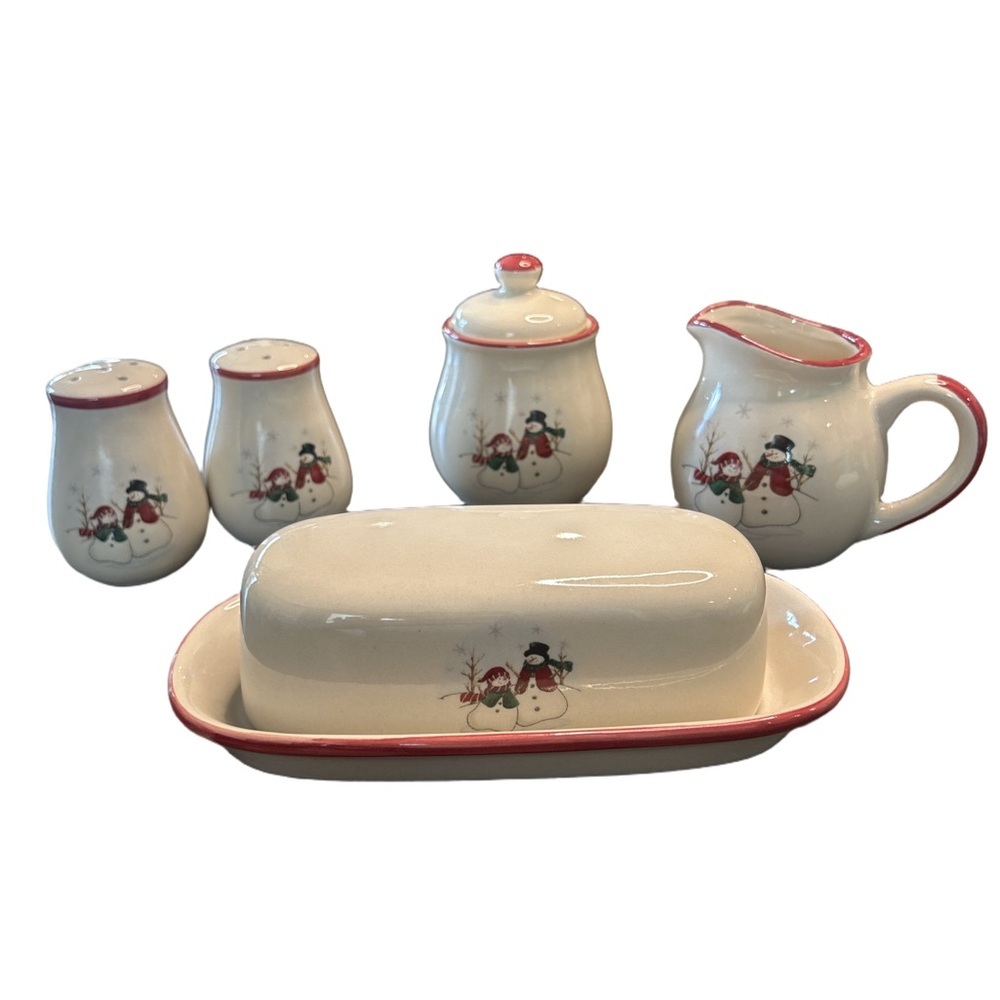 Vtg 90 Royal Seasons Snowman Butter Dish Creamer Sugar Shakers Table Set Holiday
